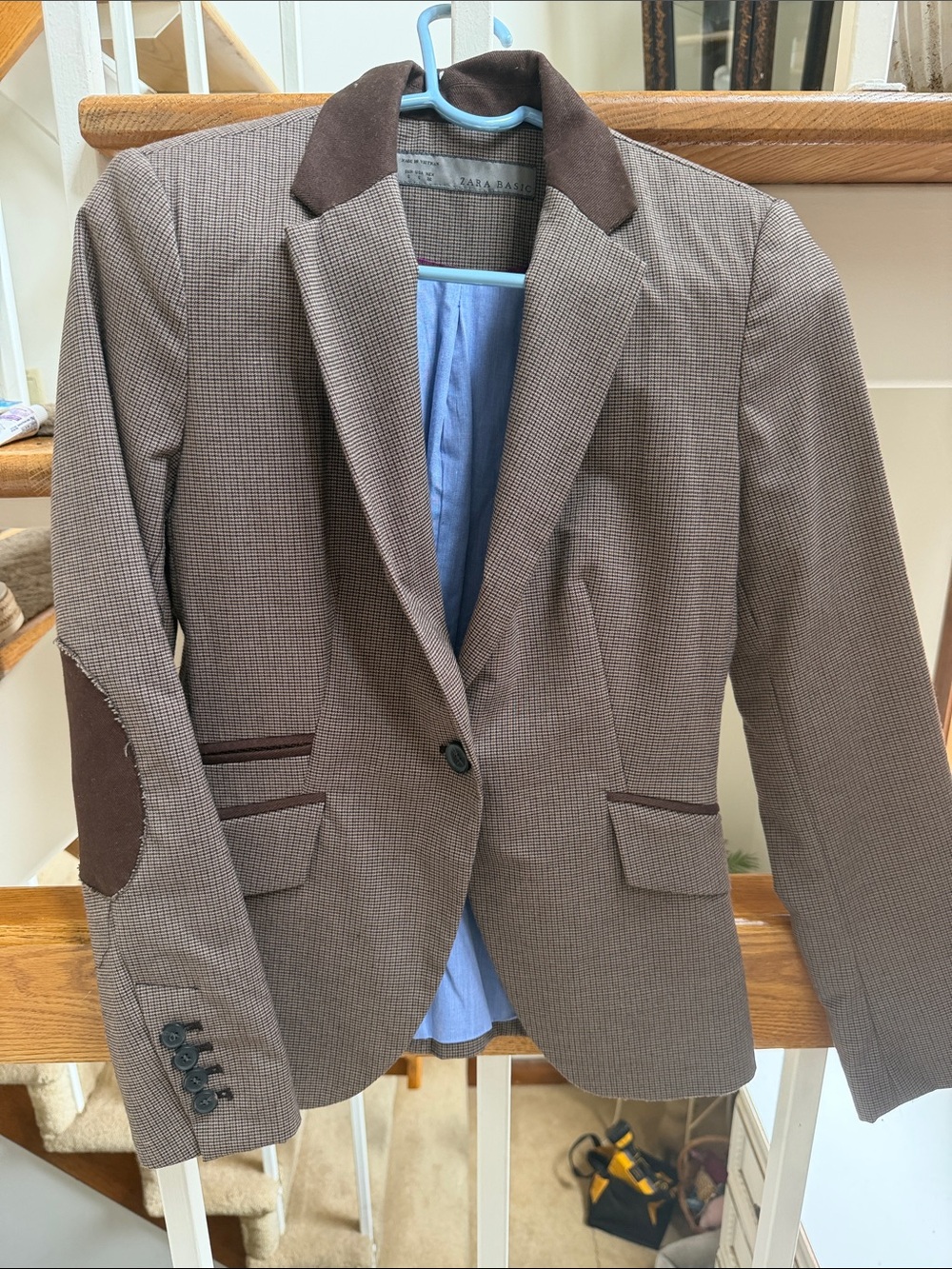 Zara Brown Houndstooth Blazer with Contrast Elbow Patches